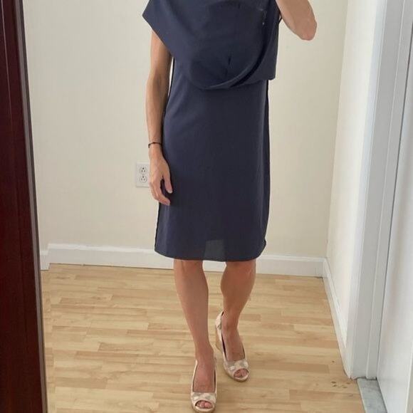 Slate Gray Draped Front Raw Edge Sheath Dress - Picture 4 of 11